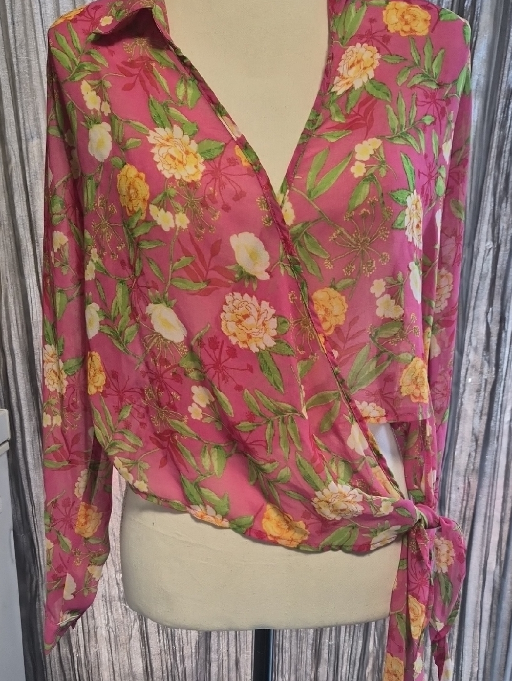 Active USA Pink Floral Wrap Top with Green Accents